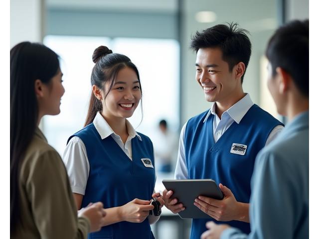 多言語対応スタッフが笑顔で訪日外国人観光客をサポートしている様子