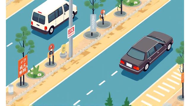 日本の交通標識と左側通行の道路のイラスト