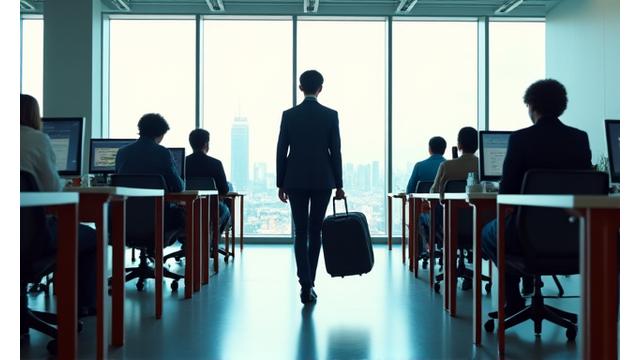 モダンなオフィスにいるIT企業の社員が出張準備をしている様子