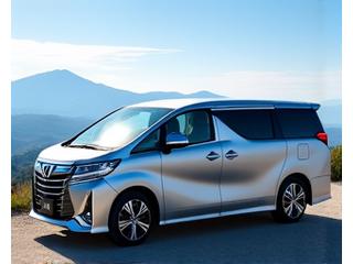 山道を走る白色のミニバン。旅行や出張のイメージ