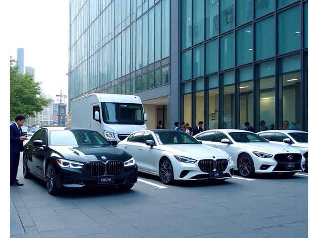 現代的なオフィスビル前で並んだビジネス向け車両群