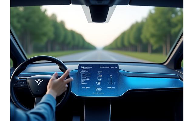 自動運転車をコックピット視点で撮影。ハンドルが動き、ダッシュボードに道路情報が表示されている様子。未来的な青いHUDが自動運転システムの洗練された技術を表現。