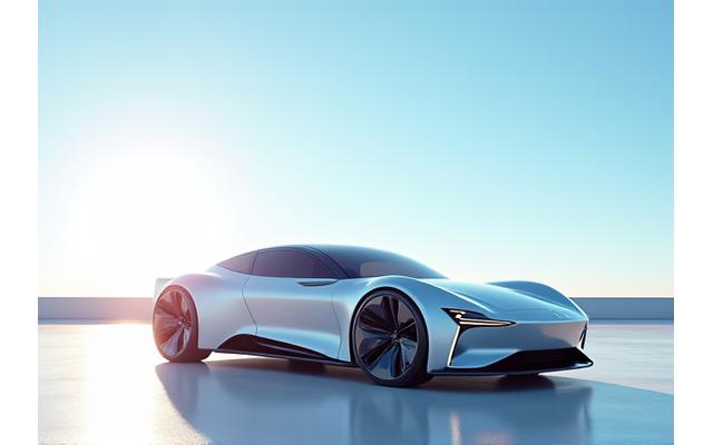 ルーフにソーラーパネルが搭載されたコンセプトカーが、晴れた日の屋外で充電されている。太陽光がパネルに反射し、クリーンエネルギーの利用を強調する明るいショット。