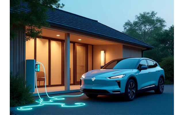 EV車が家庭とV2Hシステムで接続され、家庭用電力を供給している様子。家と車を繋ぐケーブルが強調され、スマートホームと電力供給の未来を穏やかな光で描写。