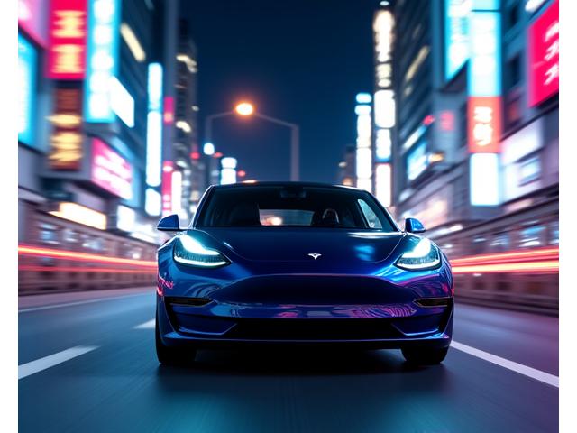 夜の東京の街並みを背景に、未来的デザインのテスラ Model 3が都市のネオンを反射しながら走行。静かでパワフルな電気自動車の先進性と都市での存在感を強調するショット。