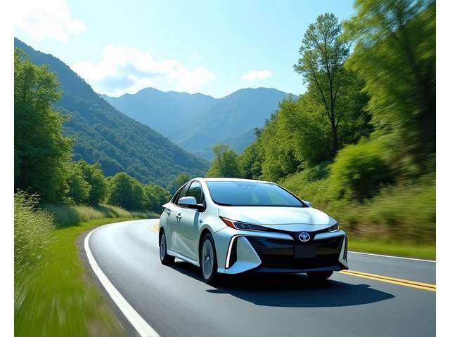 日本の山道を走行する真新しいトヨタ・プリウス。燃費効率の高いハイブリッド技術を象徴する、明るく自然な光の中で、流れるようなデザインが際立つアングル。