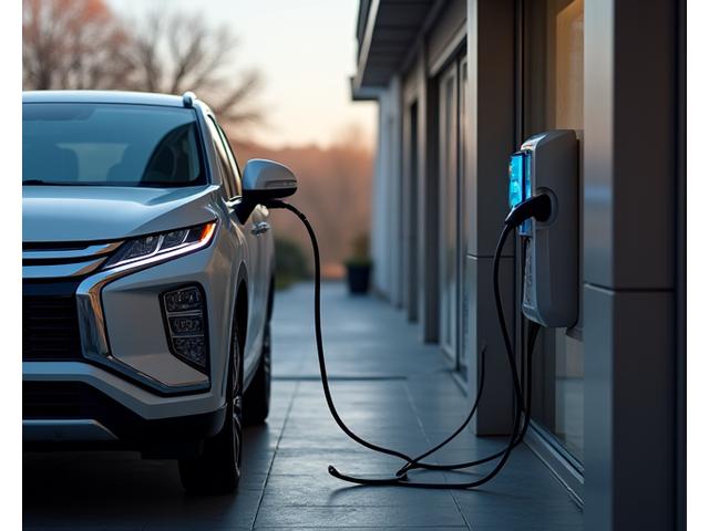 家庭用充電器に接続された三菱アウトランダーPHEV。充電ケーブルが伸び、家庭のガレージや駐車場で容易に充電できるプラグインハイブリッド車の利便性を穏やかな光で表現。