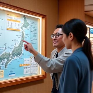 日本地図と地域の情報を提供するスタッフが話している