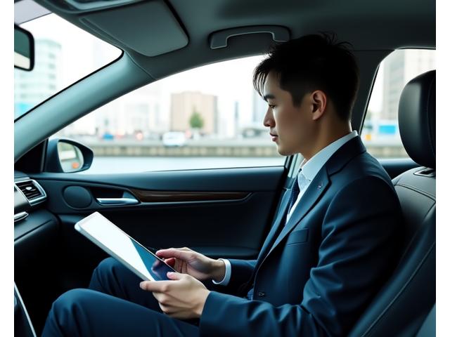 スーツ姿のビジネスパーソンがノートパソコンを前に運転席に座り、出発準備をしている