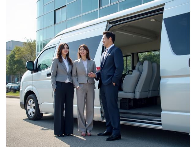 新入社員研修で集合する若者たちが、会社の送迎バンの近くに立っている