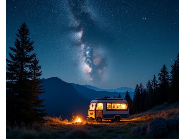山間部でキャンピングカーと星空