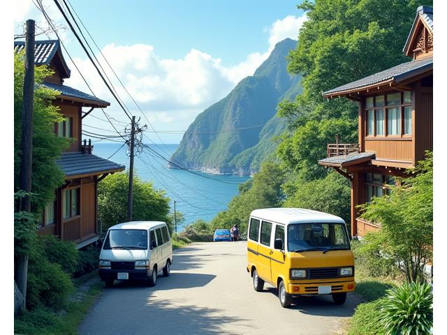 離島の狭い道を行く軽トラック