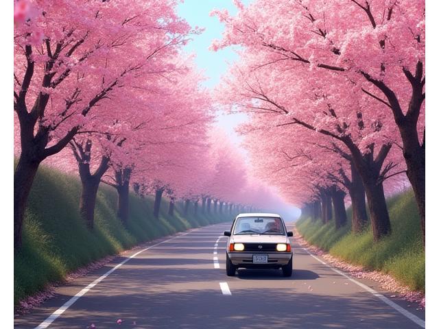 桜並木と車