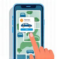 スマートフォンの地図上で利用可能なレンタカーを検索し、車種と時間を選んで予約しているイメージ