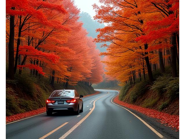 紅葉が美しい山道を走る車