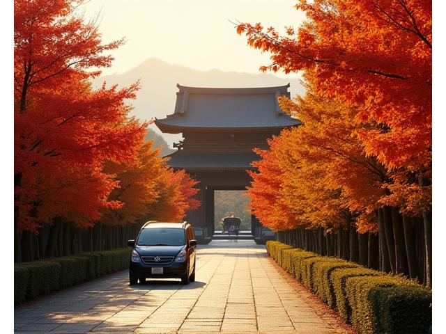 京都の清水寺と紅葉、その前を走る車