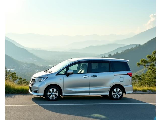 日産セレナが丘の上の駐車スペースに停まっている様子