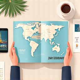 観光地パンフレットと地図を広げている手のイラスト