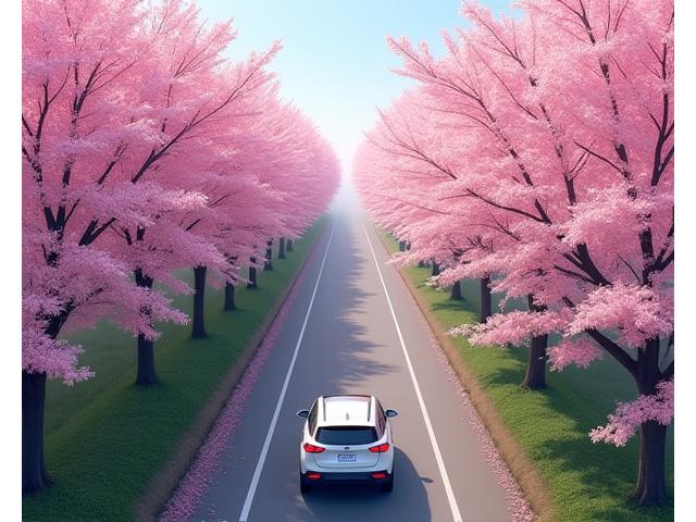 桜並木の下をゆっくりと走る車の空撮