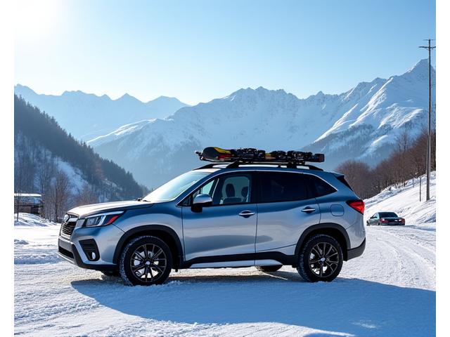 雪に覆われた山岳地域にあるスキー場の駐車場に停められたSUV